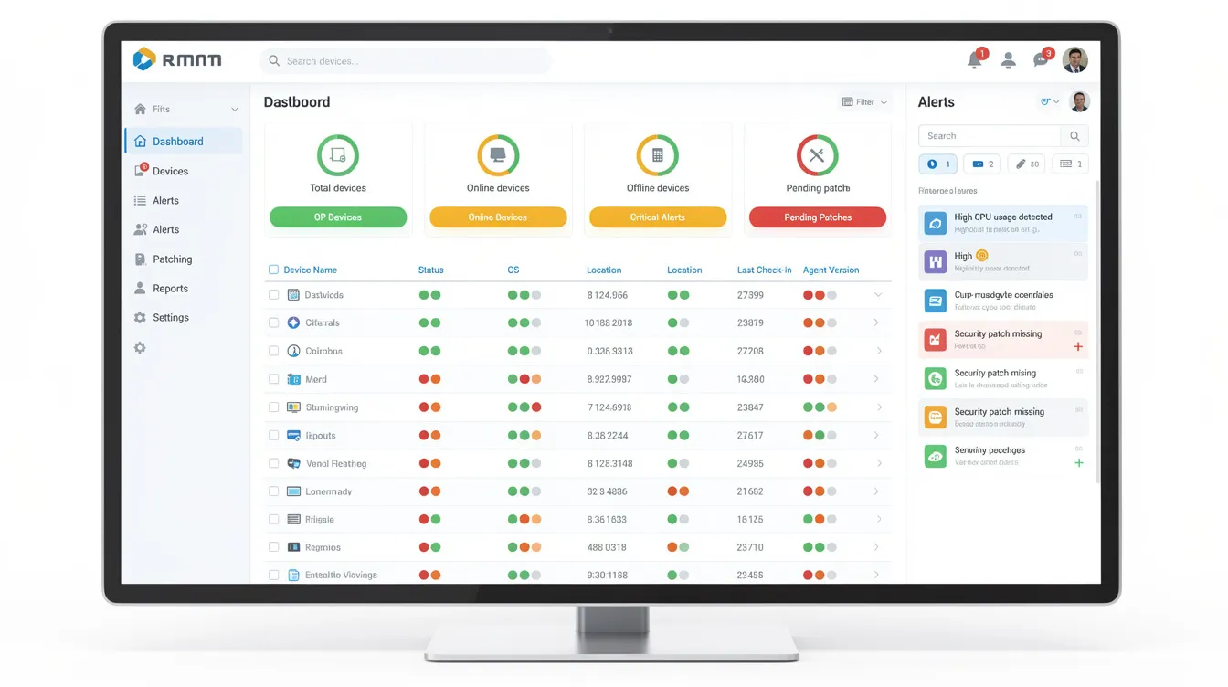 The image showcases an example of an RMM tool interface, highlighting features such as remote access and monitoring capabilities. It includes options for command execution, user interaction, and threat intelligence, illustrating how organizations can manage their infrastructure and protect against phishing scams and fraudulent transactions.