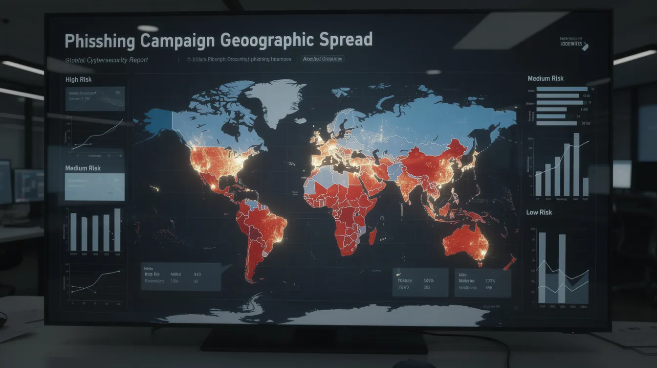 The image illustrates the geographic spread of phishing campaigns, highlighting the targeted regions, including the Middle East, and showcasing the methods used by threat actors, such as fake websites and phishing emails that aim to compromise user credentials. It emphasizes the risks associated with remote access tools and the importance of threat intelligence in identifying fraudulent transactions and scams.