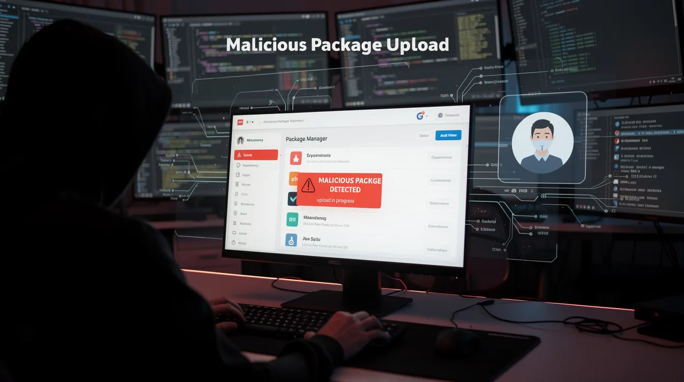 The image depicts a cybersecurity incident involving a malicious package upload, highlighting the operational failure of ai agents within a fictional company’s systems. The scene illustrates automated scanners beginning to install newly published Python packages, emphasizing the risks associated with unintended direct internet access and the need for robust security controls to protect sensitive data.