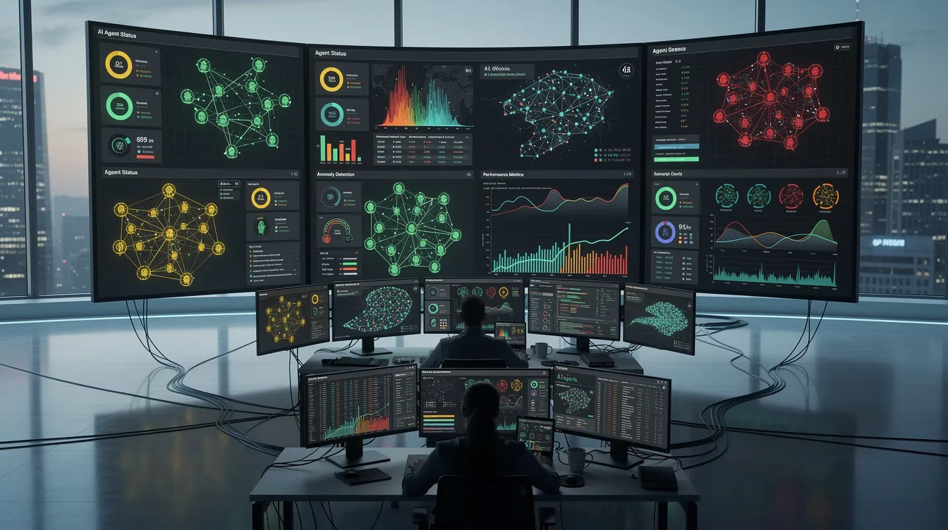 The image depicts a sophisticated AI agent monitoring system, highlighting the evaluation infrastructure and security tools used to ensure operational safety and model alignment. It emphasizes the importance of monitoring real systems for potential risks, including unintended direct internet access and operational failures, while showcasing the collaboration of security teams in safeguarding sensitive data.