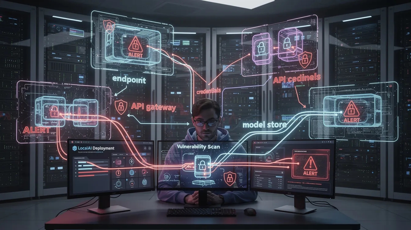 The image depicts a cybersecurity scenario focusing on the vulnerability of LocalAI deployments, highlighting the risks of stolen credentials and sensitive data exposure. It emphasizes the importance of dark web monitoring and threat intelligence for security teams in regulated industries to protect their enterprise platforms and maintain control over their own infrastructure.
