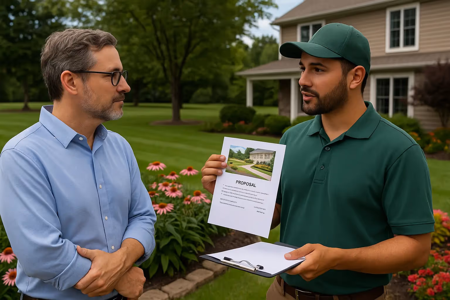 Landscaper is talking to a property owner