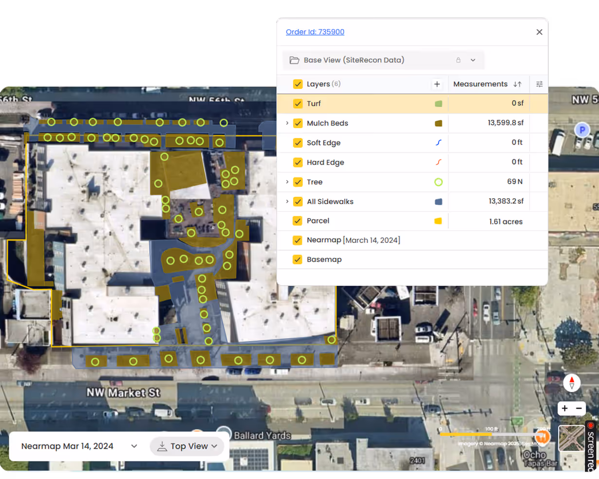 A siterecon dashboard screenshot showing landscaping takeoff 