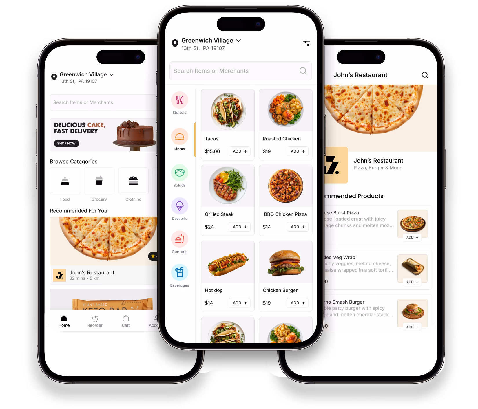 Three smartphones displaying a food delivery app with restaurant listings, food categories, and a menu showing items like tacos, roasted chicken, hot dog, and pizza.