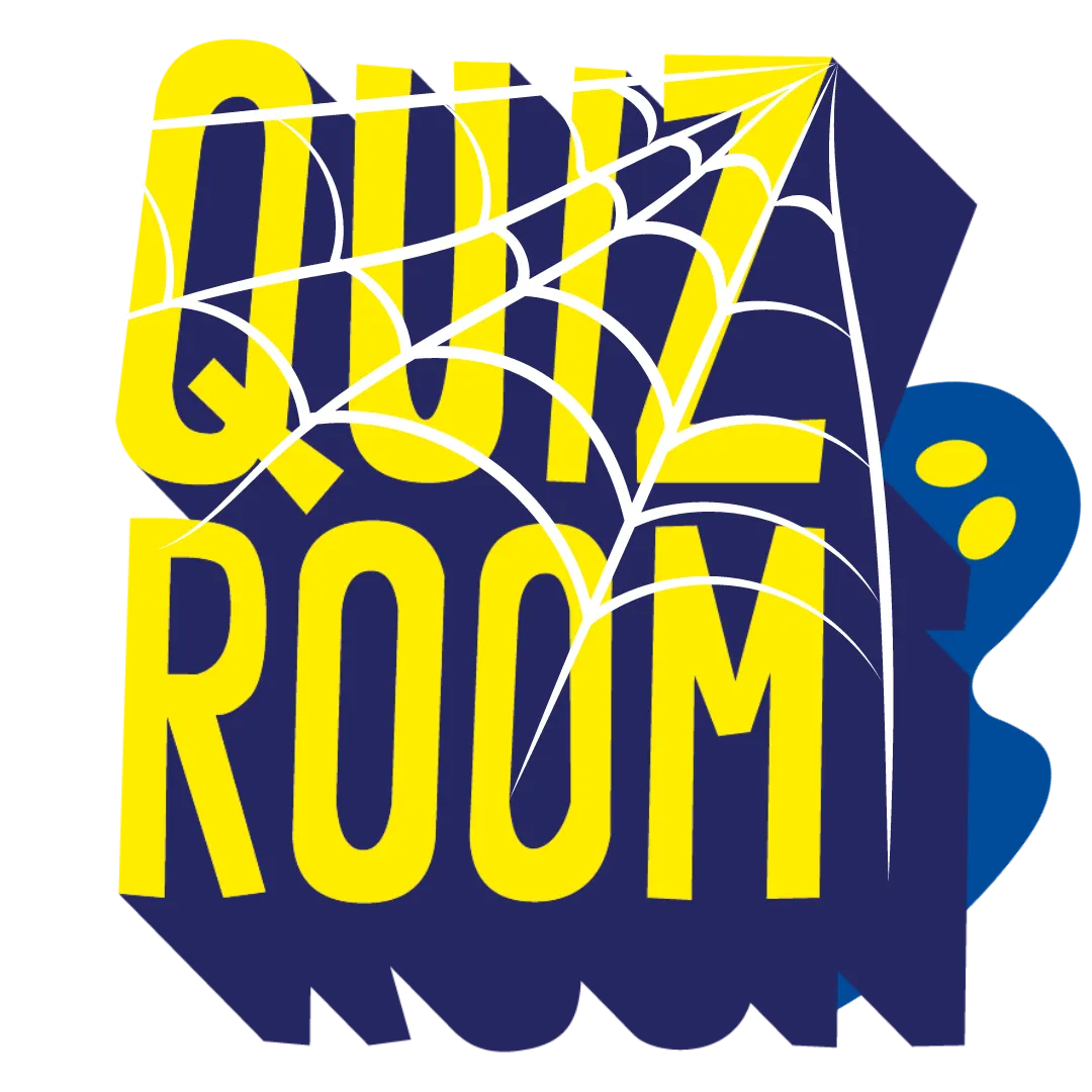 Texte jaune 'QUIZ ROOM' sur fond bleu foncé avec une toile d'araignée blanche et un fantôme bleu partiellement visible.