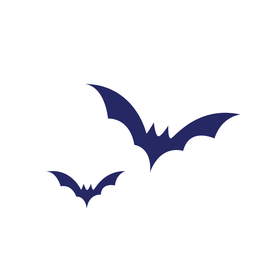 Deux chauves-souris volantes stylisées de couleur bleu foncé sur fond noir.