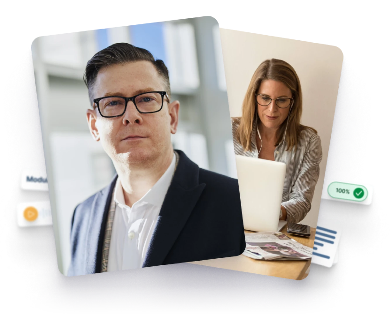 Man looking at camera. Woman sitting in front of laptop.