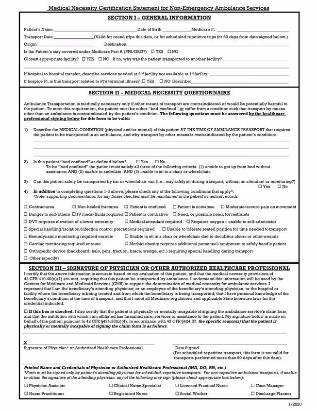 Image of Physician Certification Statement Non Emergency Ambulance Services PDF