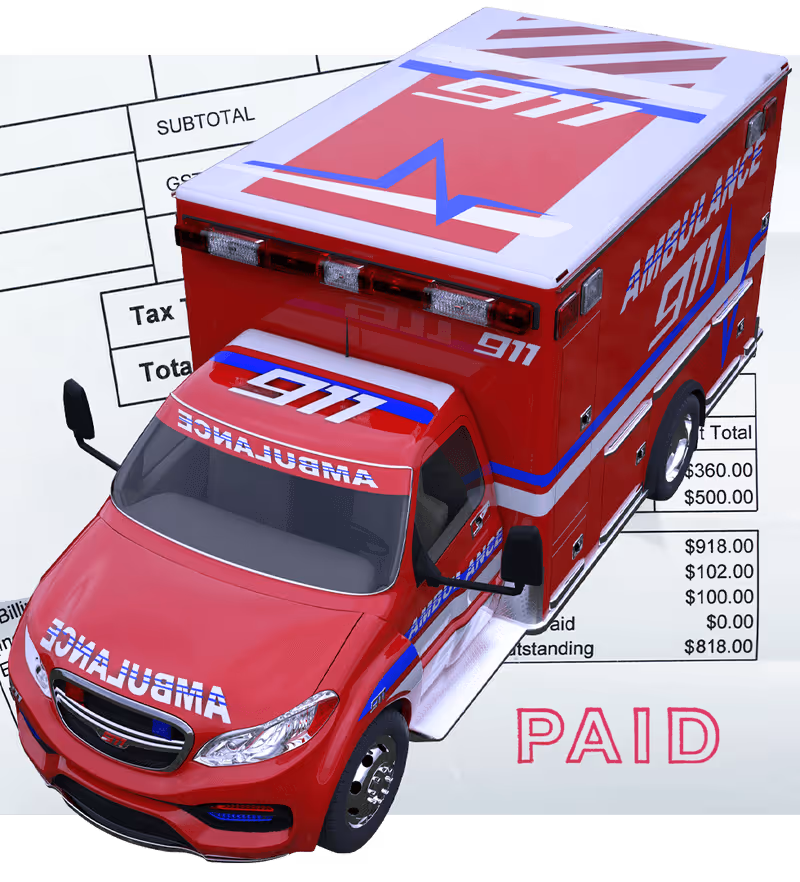 Red ambulance with 911 markings parked over a medical bill with a red PAID stamp.