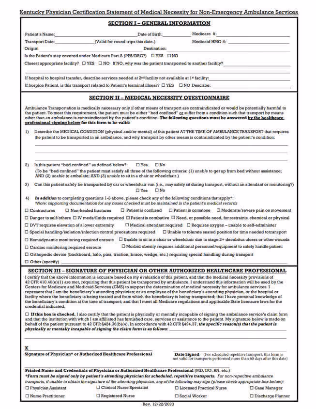 Kentucky Physician Certification Statement of Medical Necessity for Non-Emergency Ambulance Services