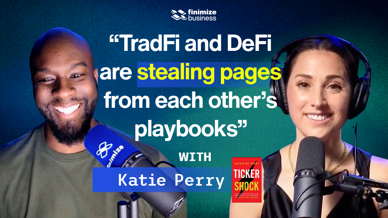 Katie Perry and Carl Hazeley with a quote: "TradFi and DeFi are stealing pages from each other's playbooks"