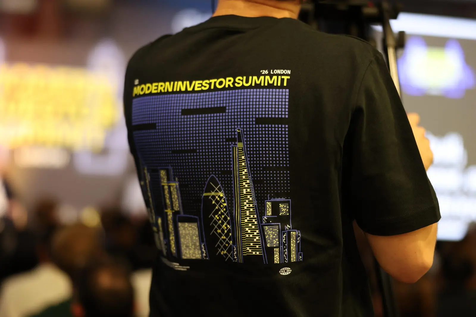 The back of a Modern Investor Summit London '26 t-shirt with the London skyline