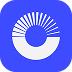 White circular logo with radiating lines inside a rounded blue square background.