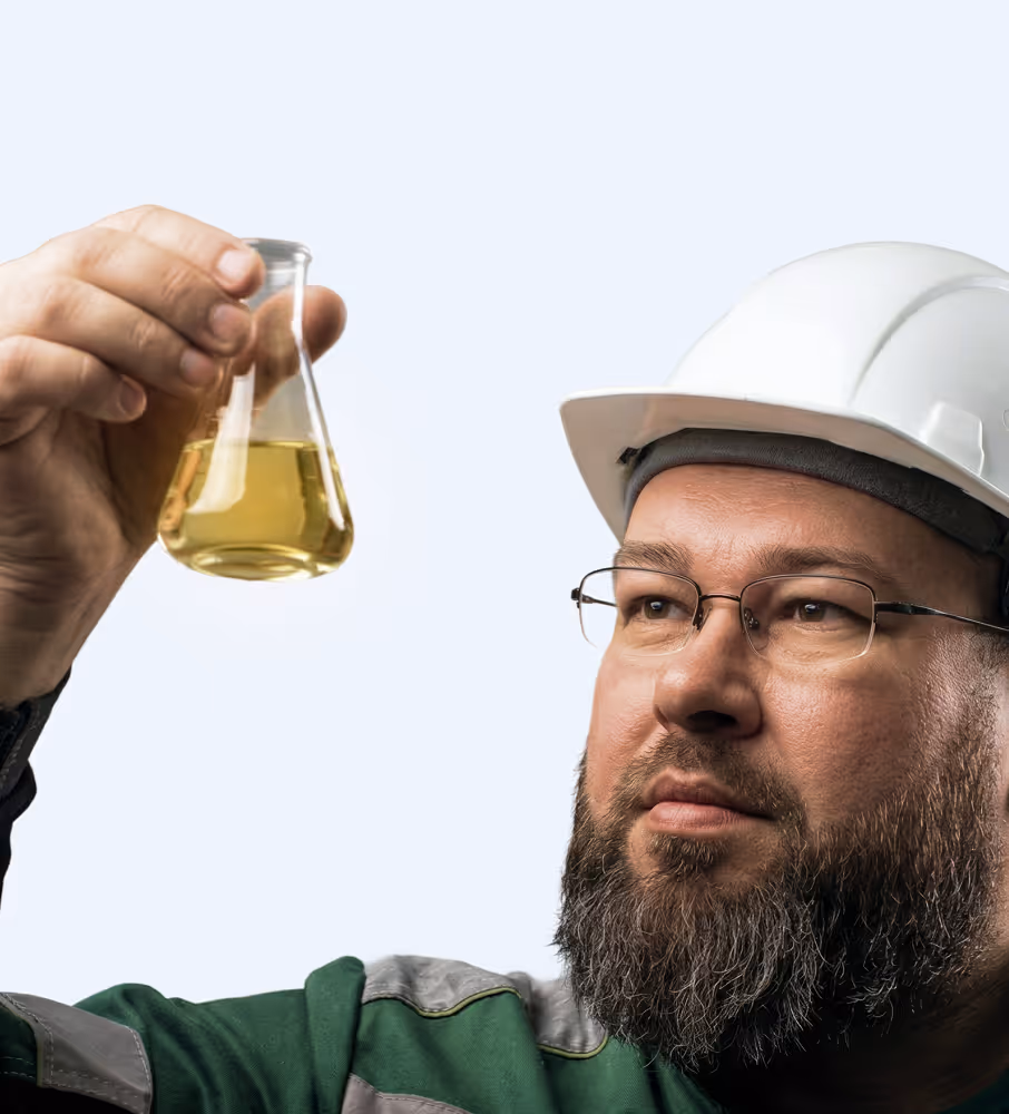 Man wearing safety helmet and glasses examining yellow liquid in a glass flask.