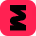 Black stylized letter M inside a red circle background.