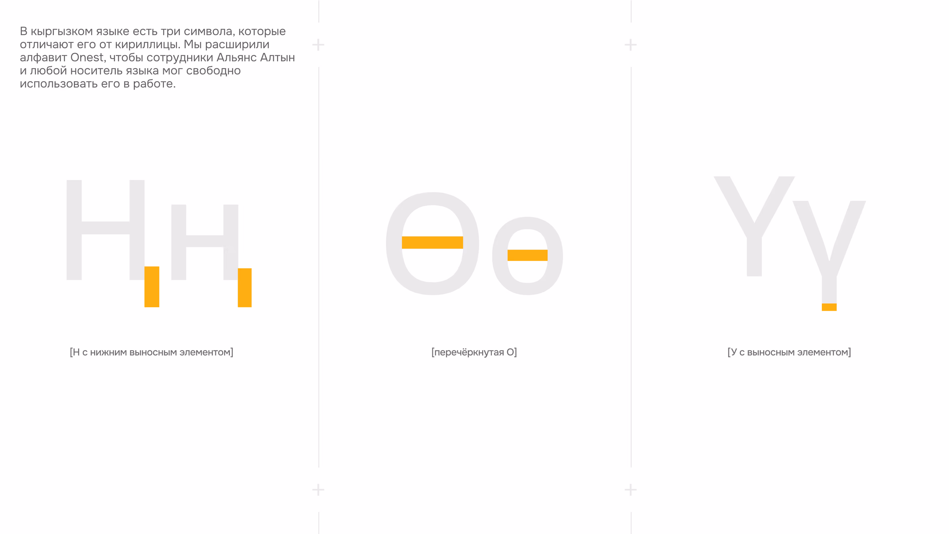 Three Kyrgyz alphabet symbols with orange marks distinguishing them from Cyrillic letters H, O, and Y.