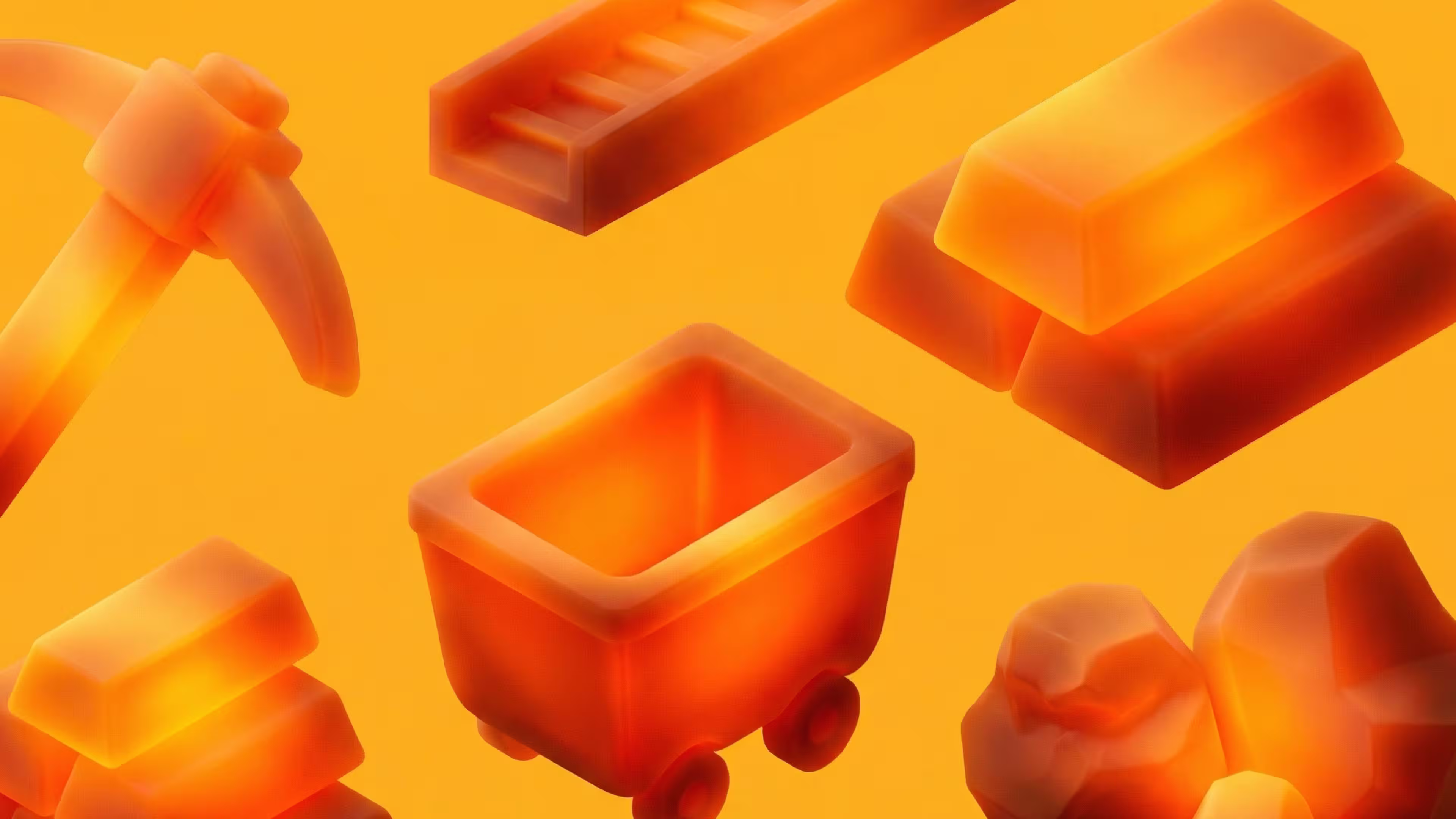 Glowing orange mining tools, cart, gold bars, and rocks on a yellow background.