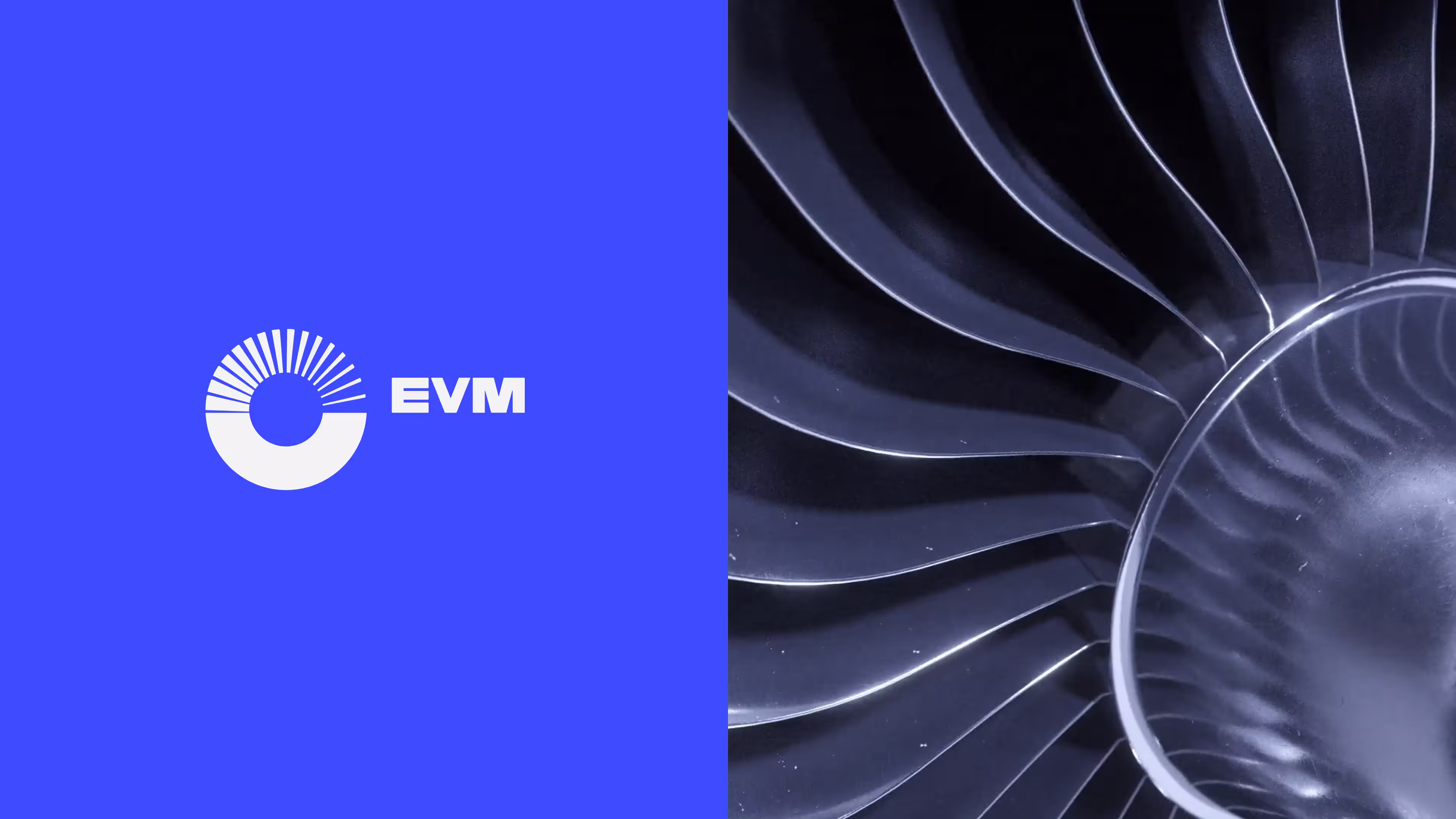 Close-up of a jet engine turbine fan on the right and blue background with white EVM logo on the left.