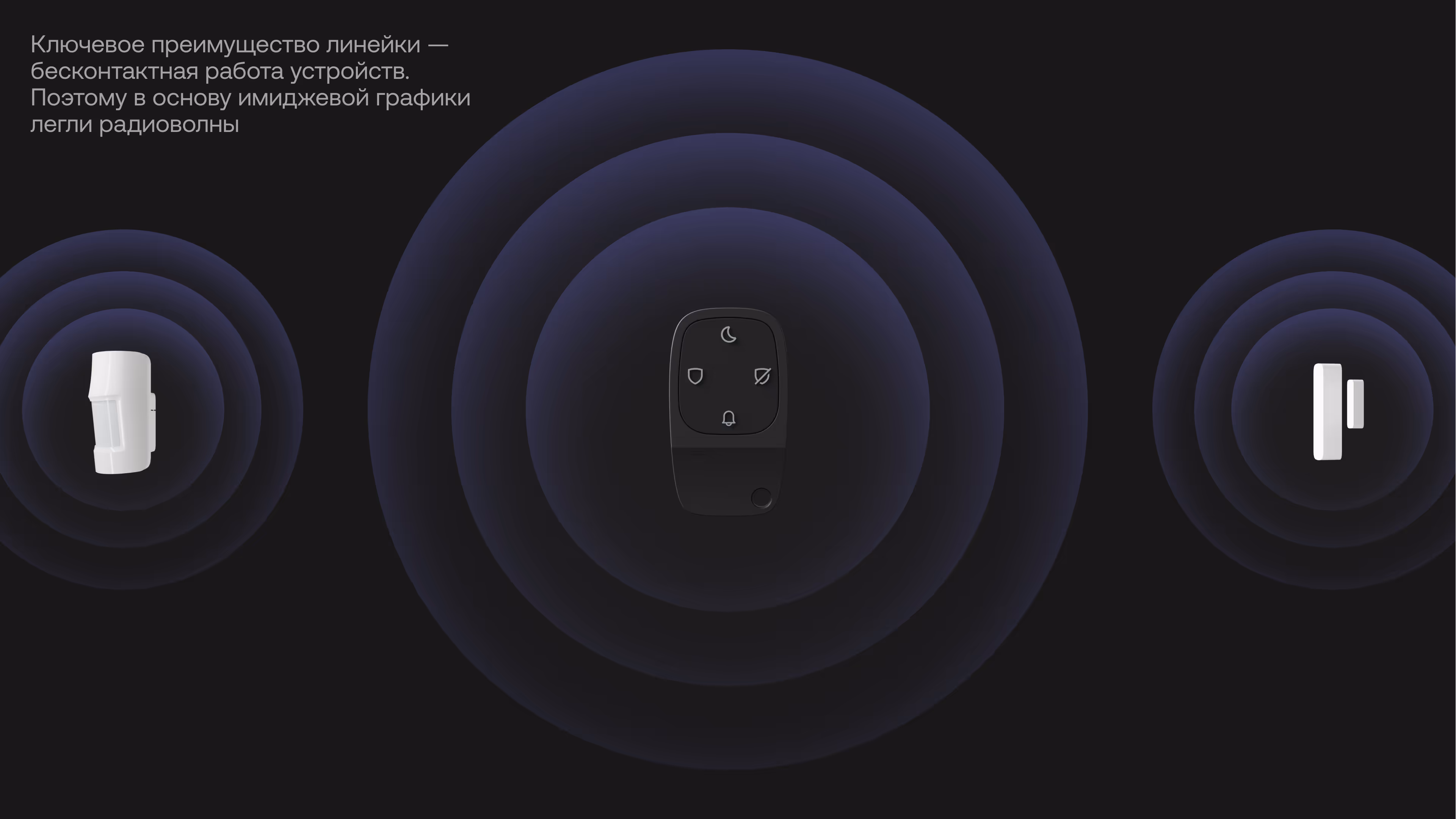 Three devices with concentric circles indicating wireless signals on a dark background with Russian text.