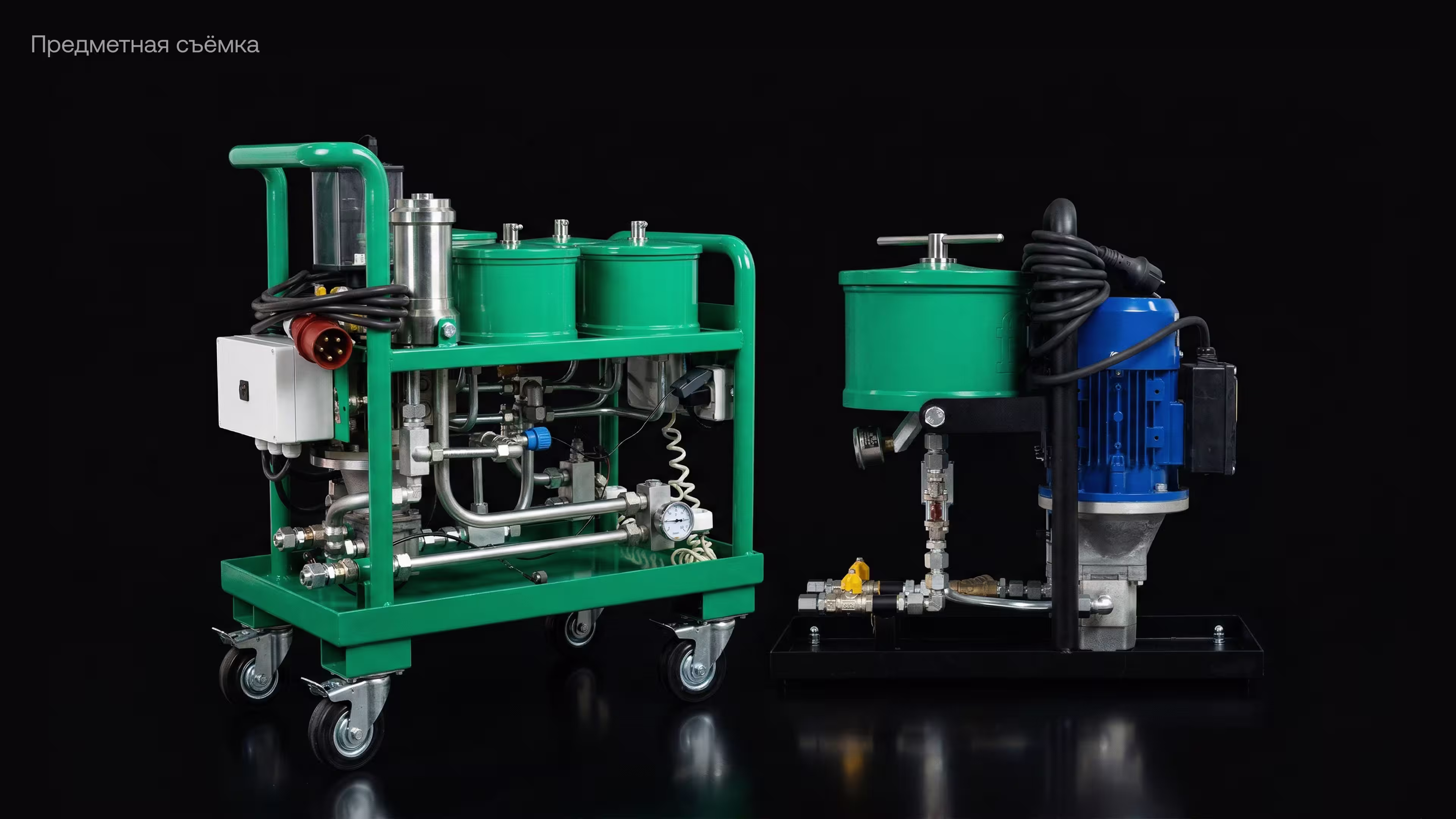 Green metal industrial machines with pipes, gauges, wheels, and electric components on black background.