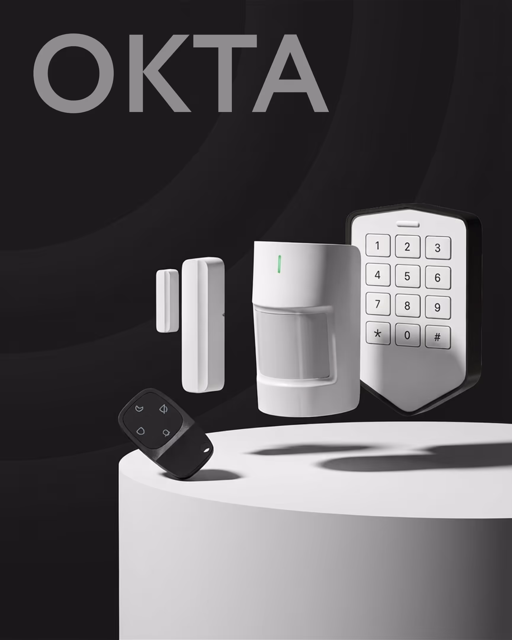 Okta security devices including keypad, motion sensor, door sensor, and remote control on a white pedestal.