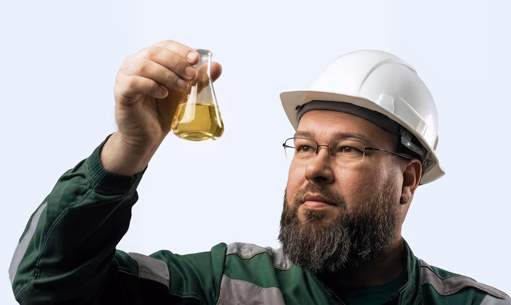 Bearded man in glasses and hard hat inspecting yellow liquid in a flask against a light background.