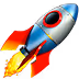 Cartoon rocket ship with red fins and fiery exhaust flying upward.