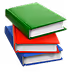 Stack of three hardcover books in green, red, and blue with white pages.