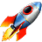 Rocket ship blasting off with fire and smoke trail behind it.