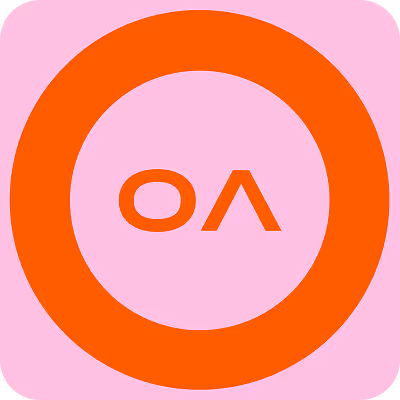 Orange circular shape with smaller orange oval and angled line inside on pink background.