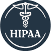 HIPAA logo featuring a white caduceus symbol above the word HIPAA inside a dark circle.
