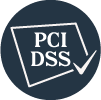 PCI DSS certification badge with a checkmark inside a dark circle.
