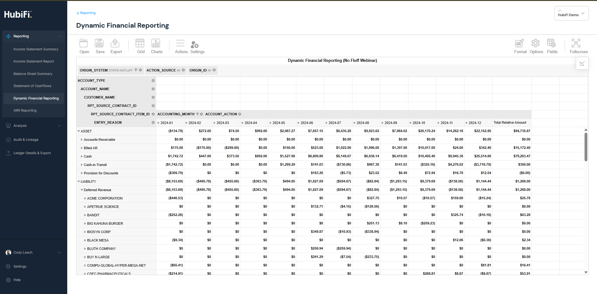 HubiFi Dynamic Financial Reporting dashboard showing a detailed table of assets and liabilities with monthly financial data from January to December 2024.