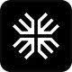 White abstract symmetrical arrow design pointing outward on a black square background.
