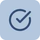 White checkmark in a circle on a rounded blue square background.