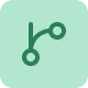 Abstract icon with two connected circles on curved lines on a green rounded square background.