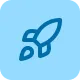 Blue square icon with a white rocket ship launching upwards.