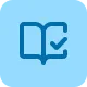 Blue icon of an open book with a checkmark on a light blue square background.