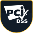 PCI DSS certification badge with white text on a dark shield-shaped background.