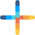 Colorful plus sign made of blue, orange, and yellow bars on white background.
