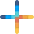 Colorful plus sign made of blue, orange, and yellow bars on white background.