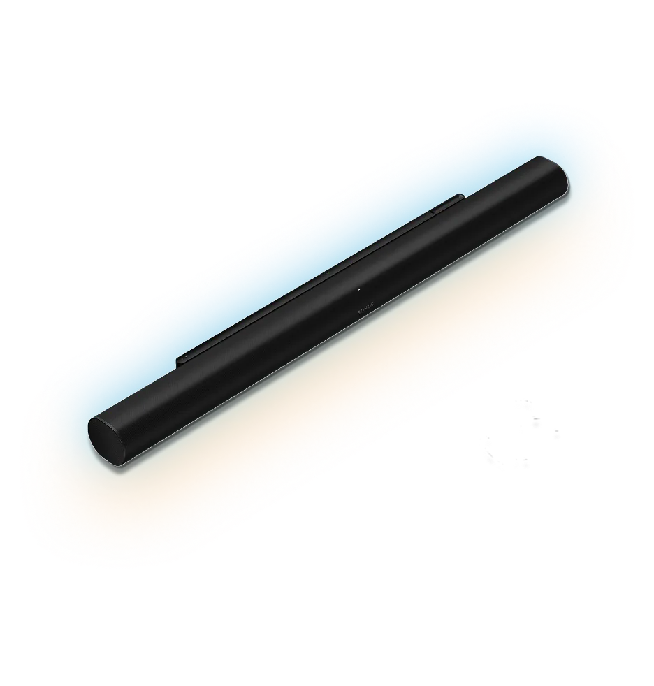 Black Sonos soundbar with a slim, sleek design on a white background.