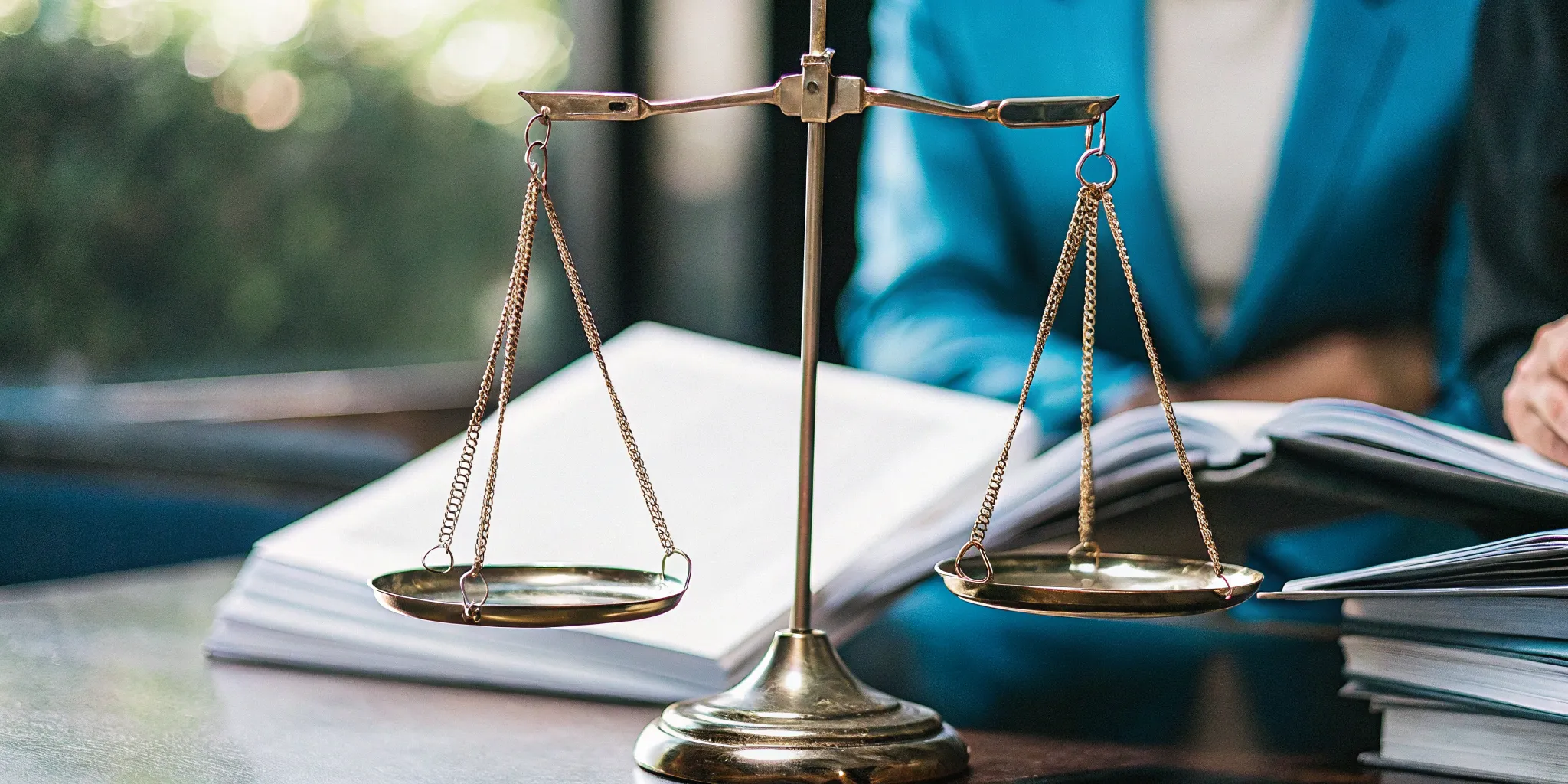Scales of justice and open books.