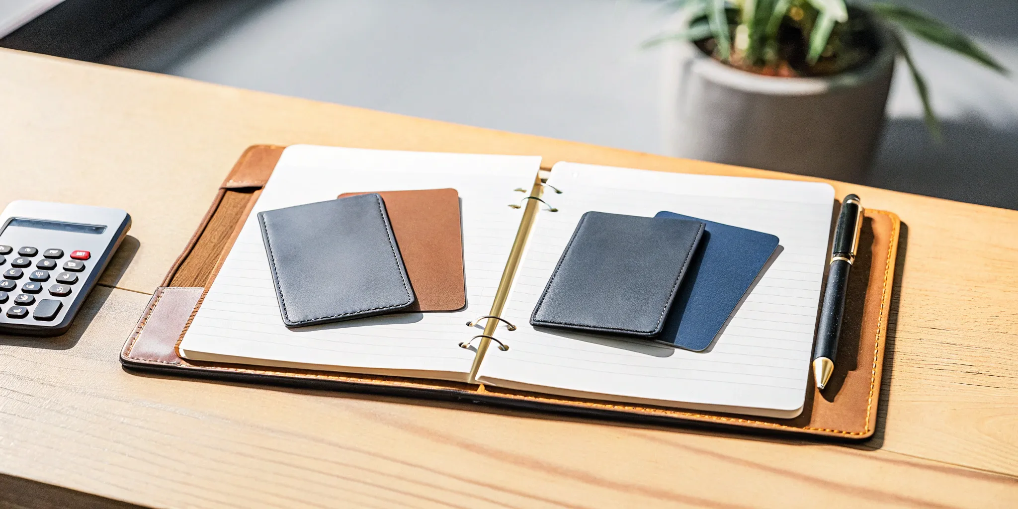 Gift card journal entry with pen and calculator.