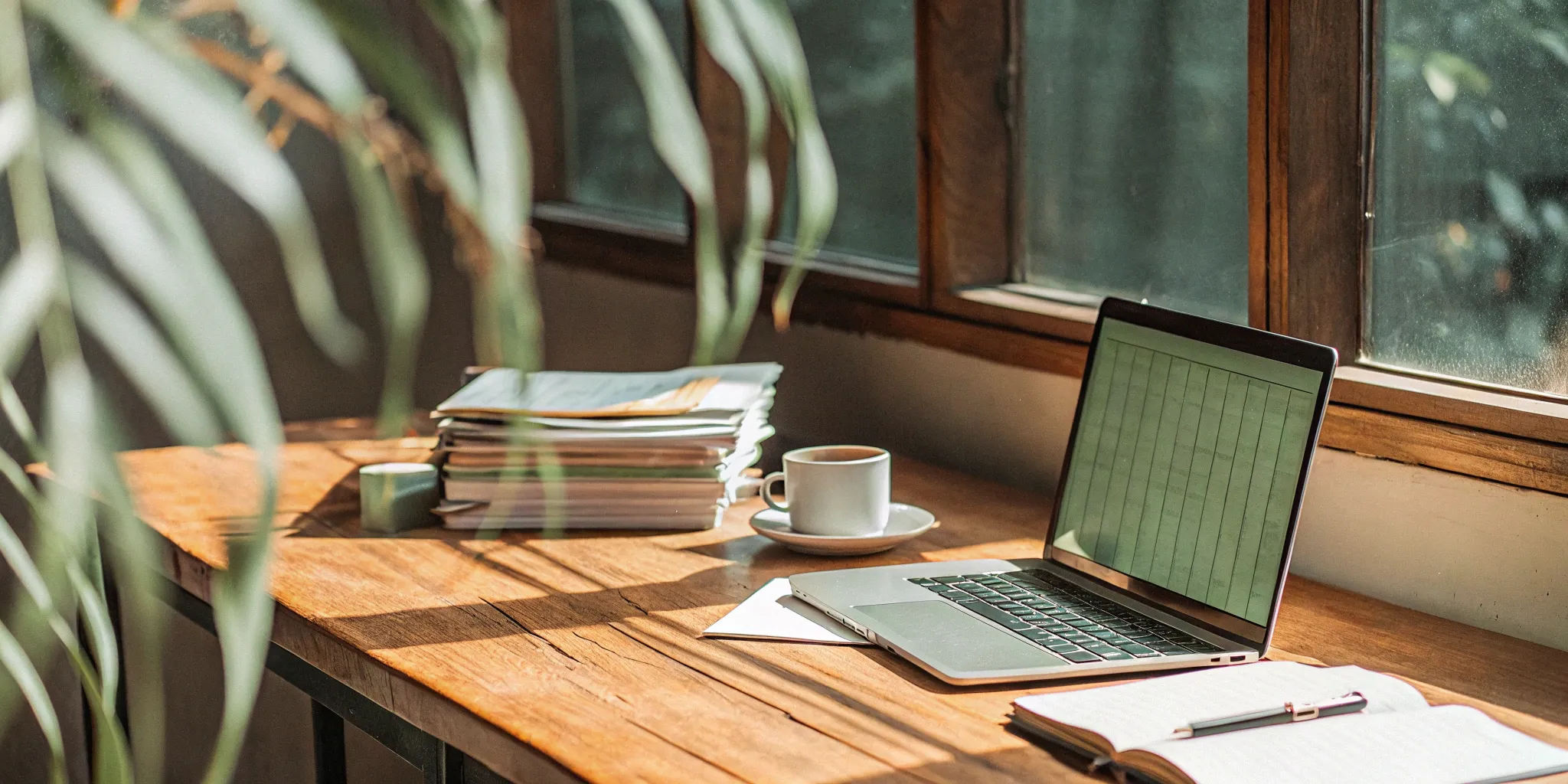 Laptop, documents, and coffee on desk. Continuous accounting close tools for efficient, real-time data.