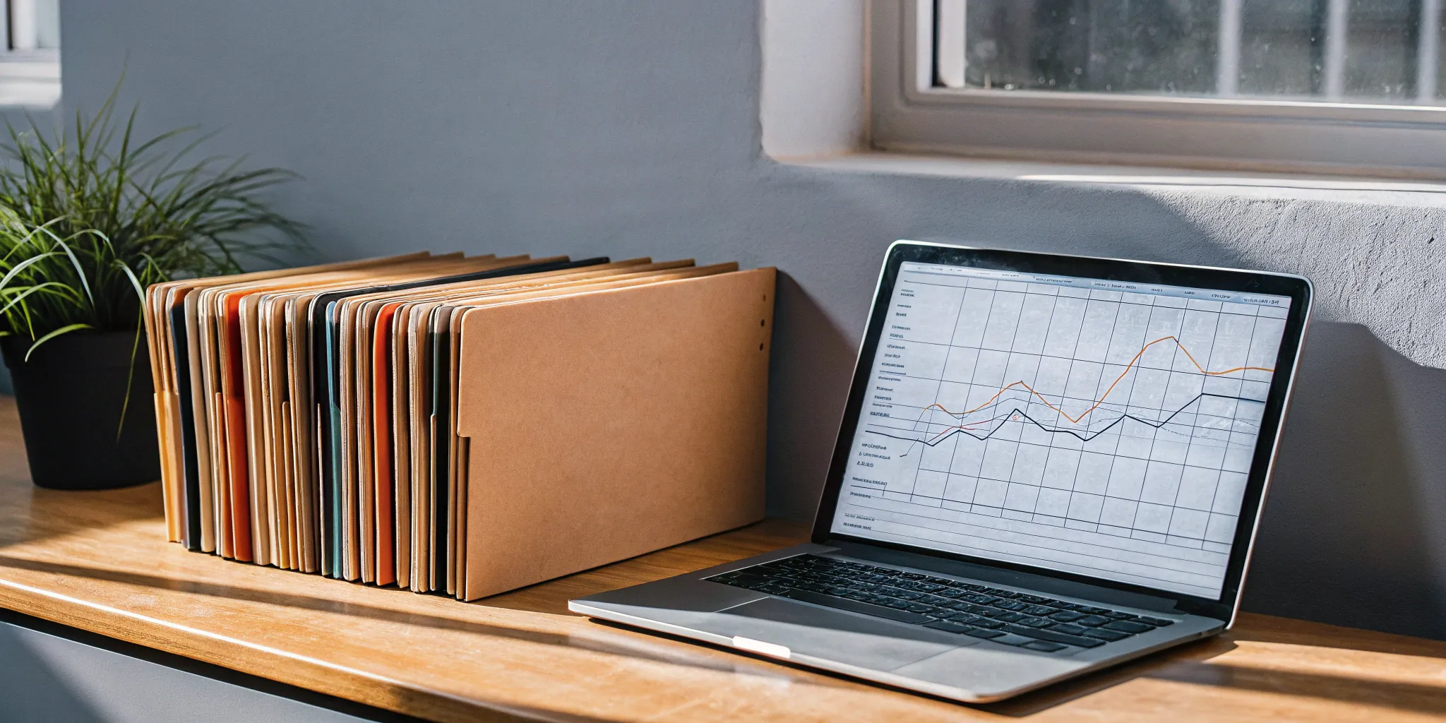 Organized accounting files and data graph on a laptop.