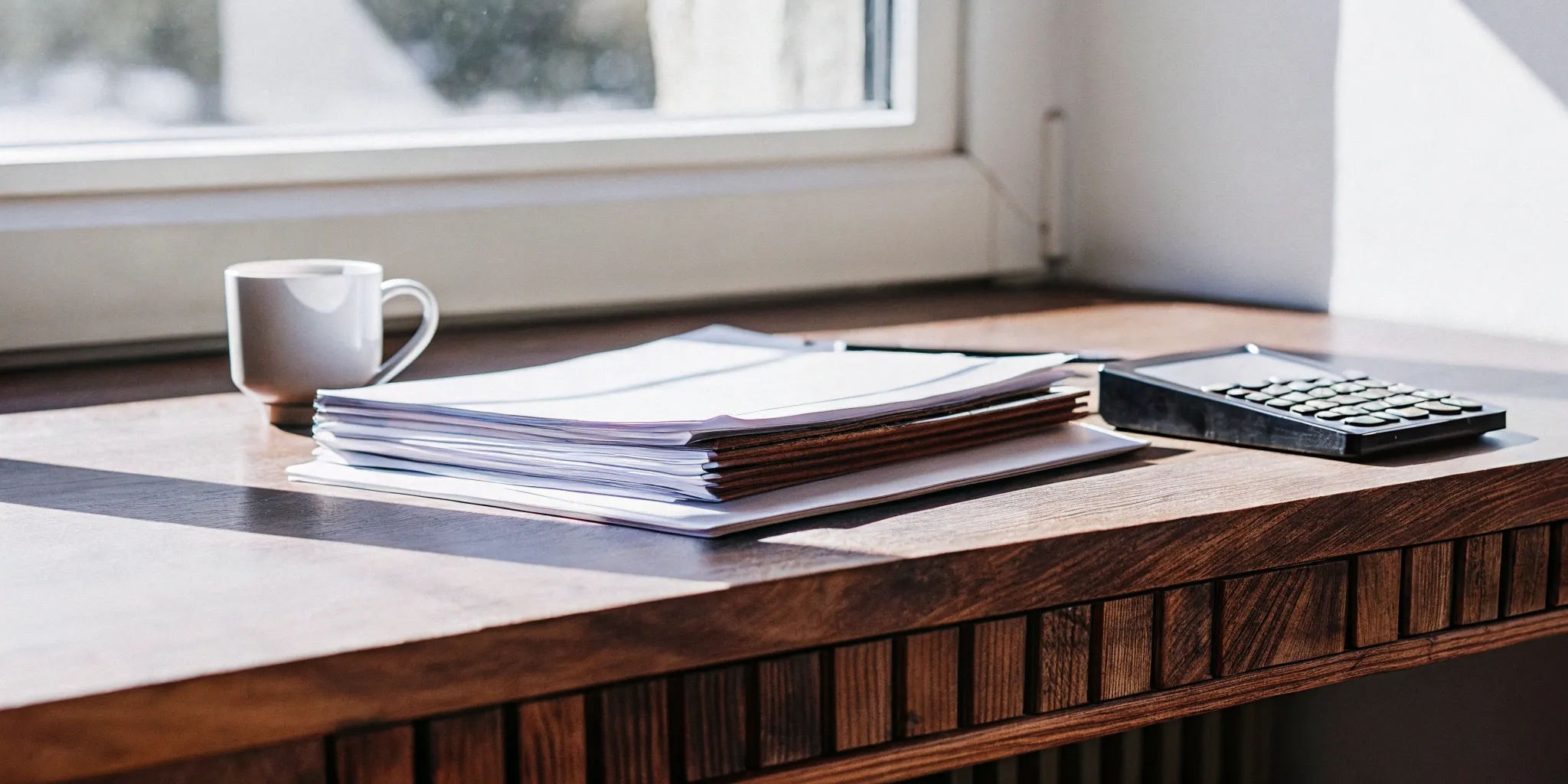Accounting write-off entry tools: calculator, papers, and coffee.