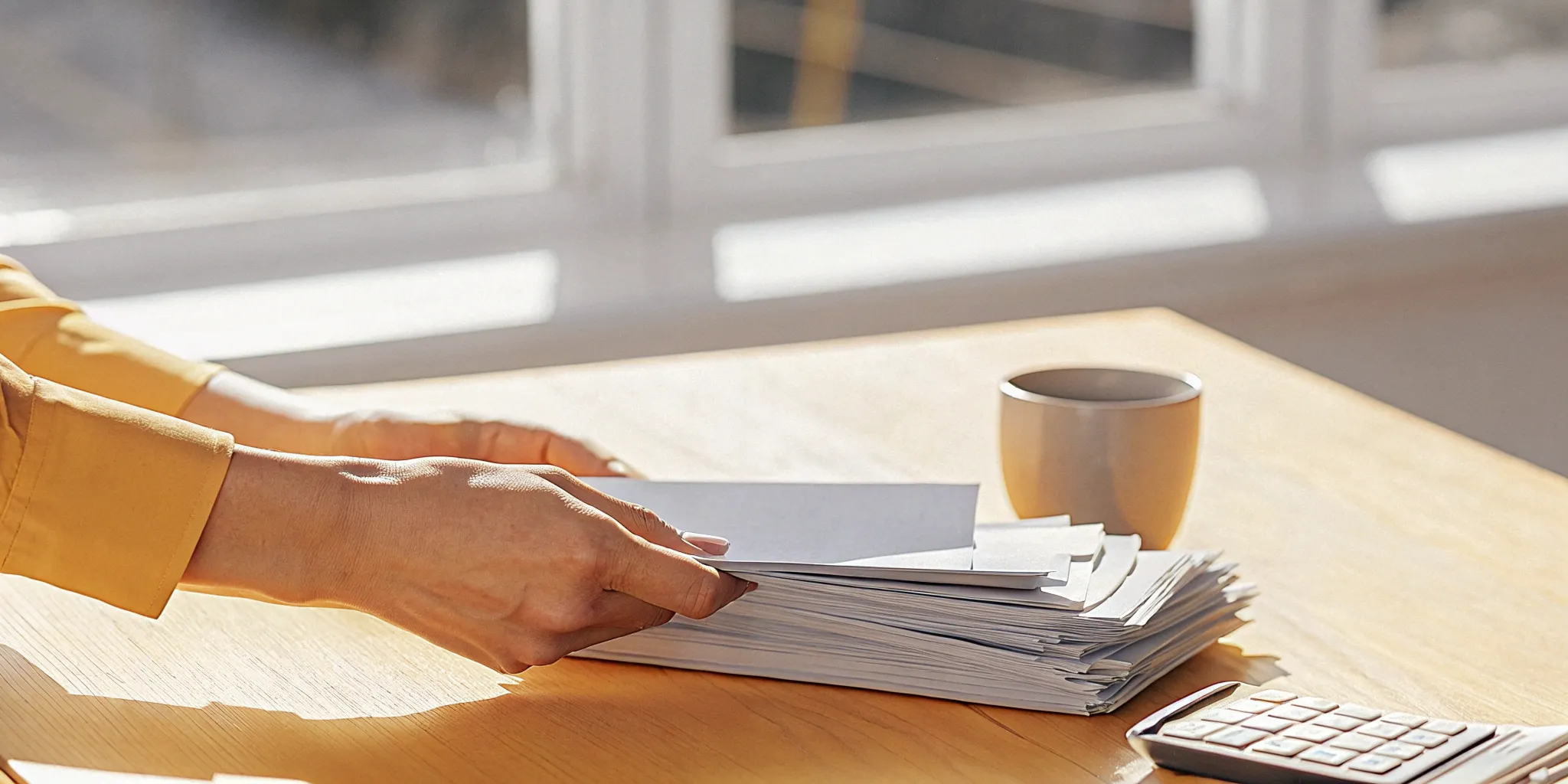 Accounting for Stripe fees with calculator, papers, and coffee.