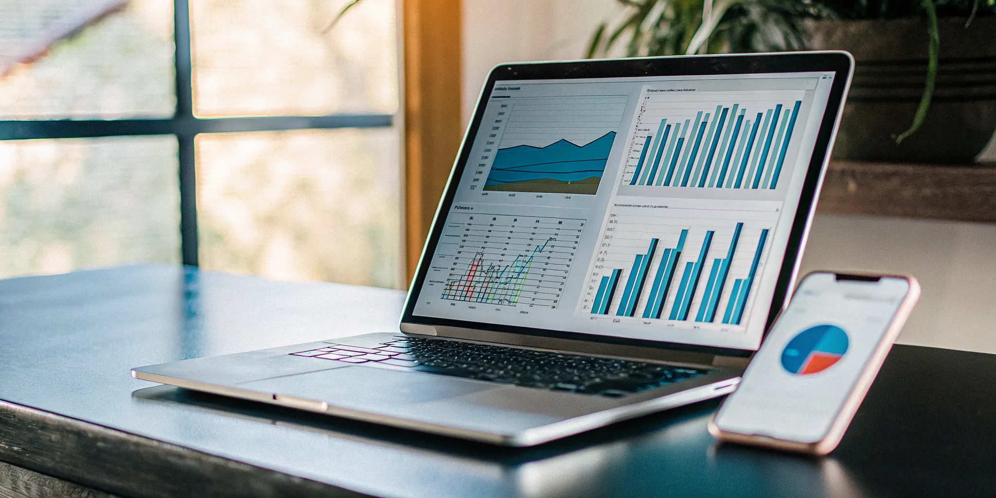 Accounting software dashboard on a laptop with financial charts, beside a phone displaying a pie chart.