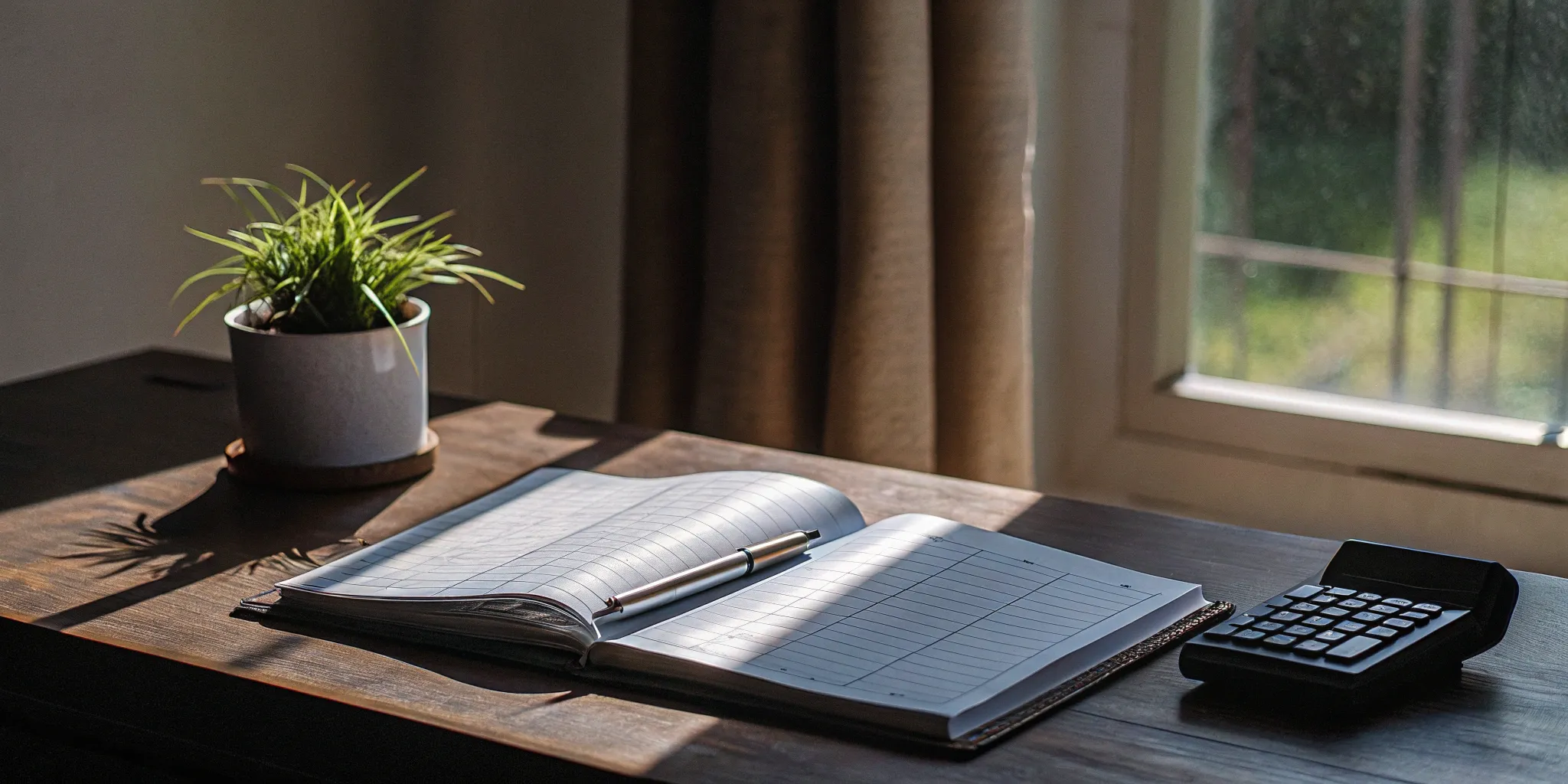 Accounting ledger, calculator, and pen on desk. Revenue recognition tools.
